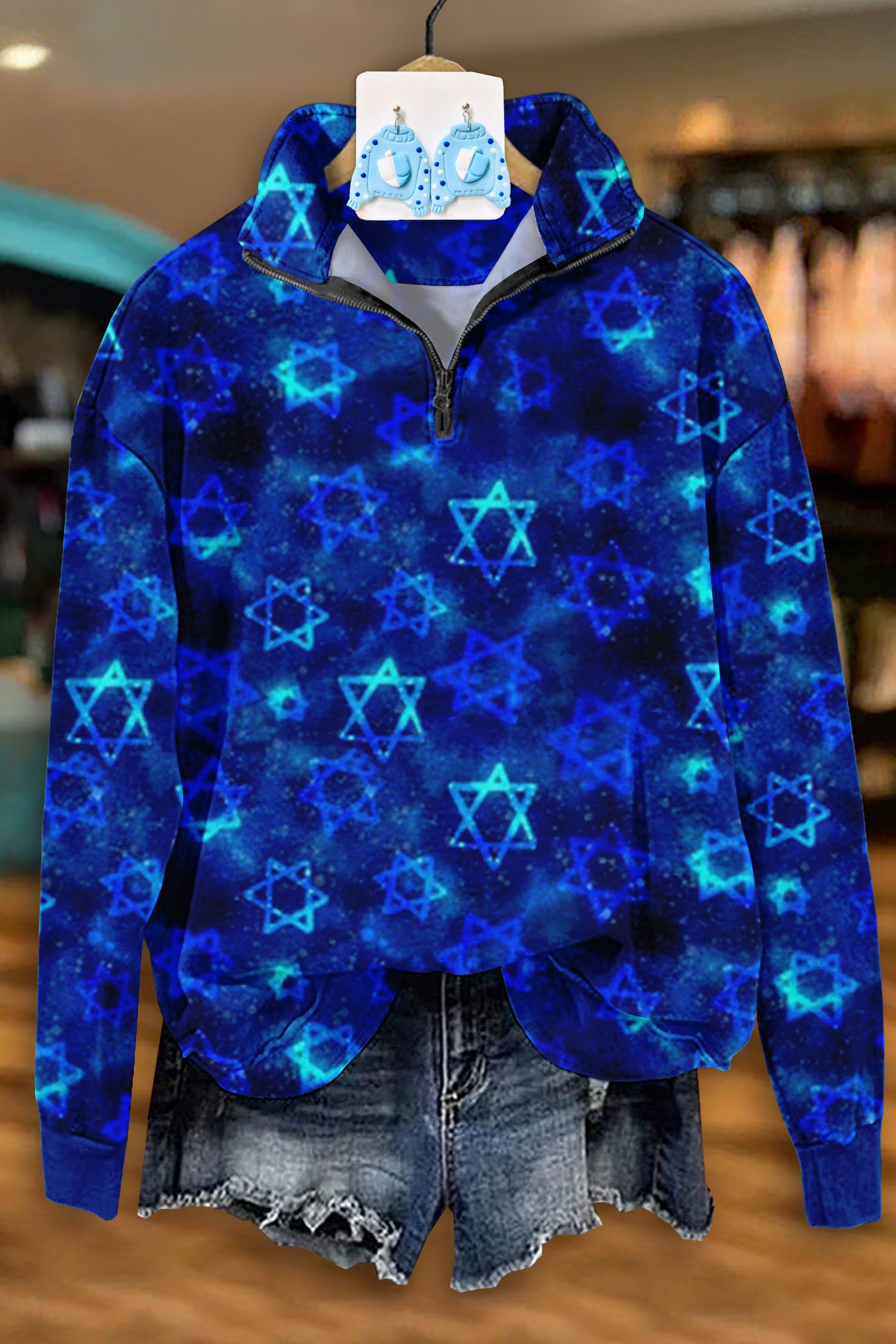 Playful Blue Star of David Zipper Sweatshirt