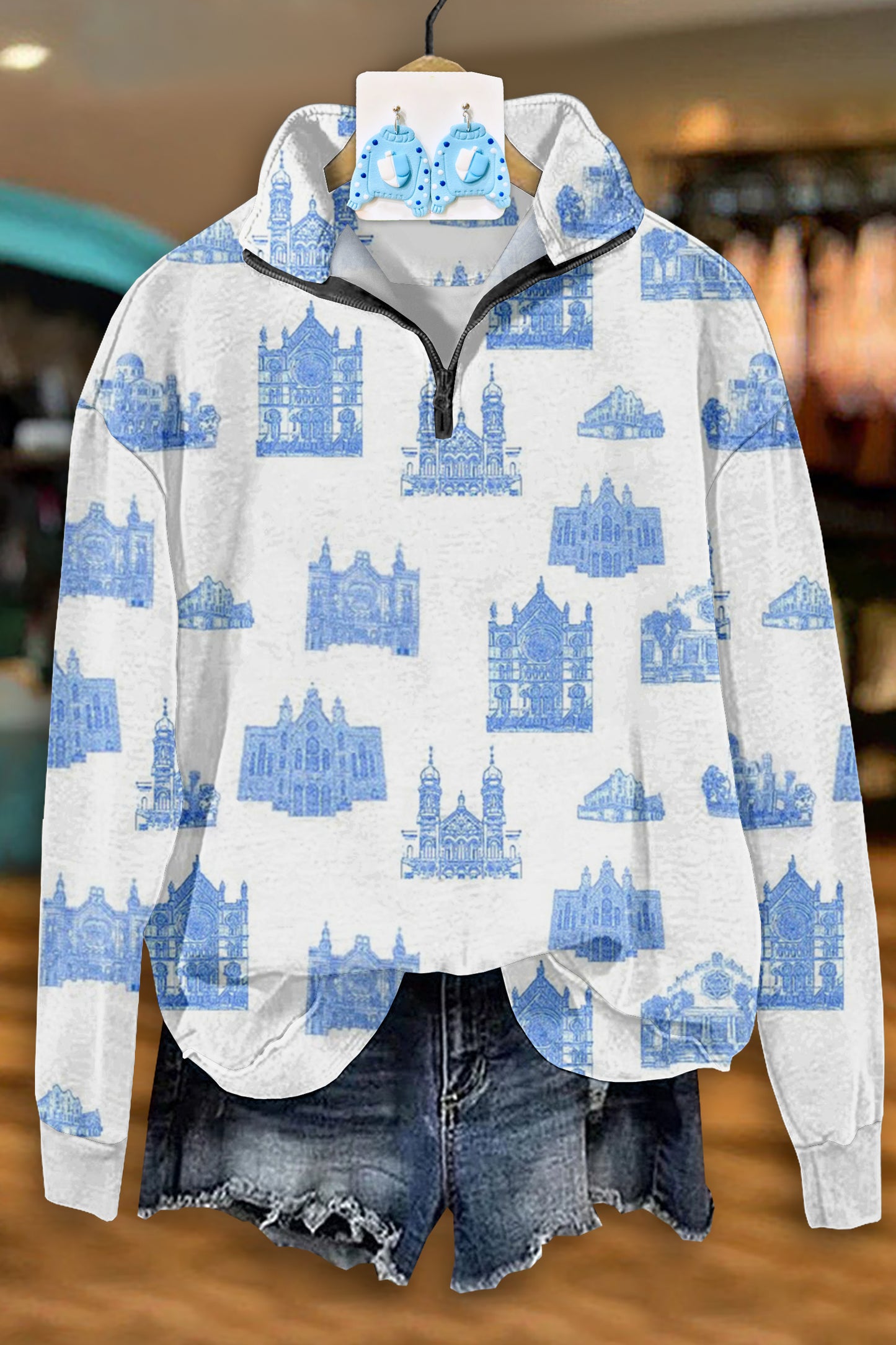 Synagogue Toile de Jouy  Zipper Sweatshirt