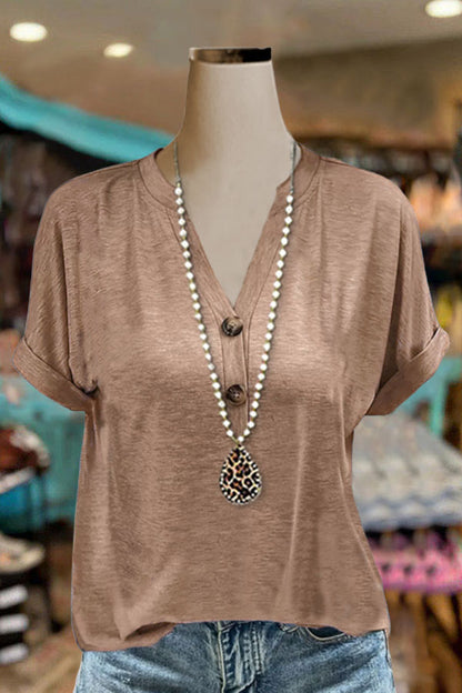 Cotton Solid Color Button V-neck Top